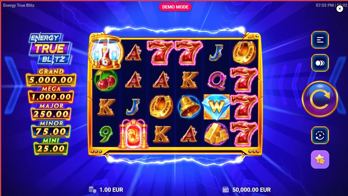 Energy True Blitz slot machine interface na may neon at electric theme